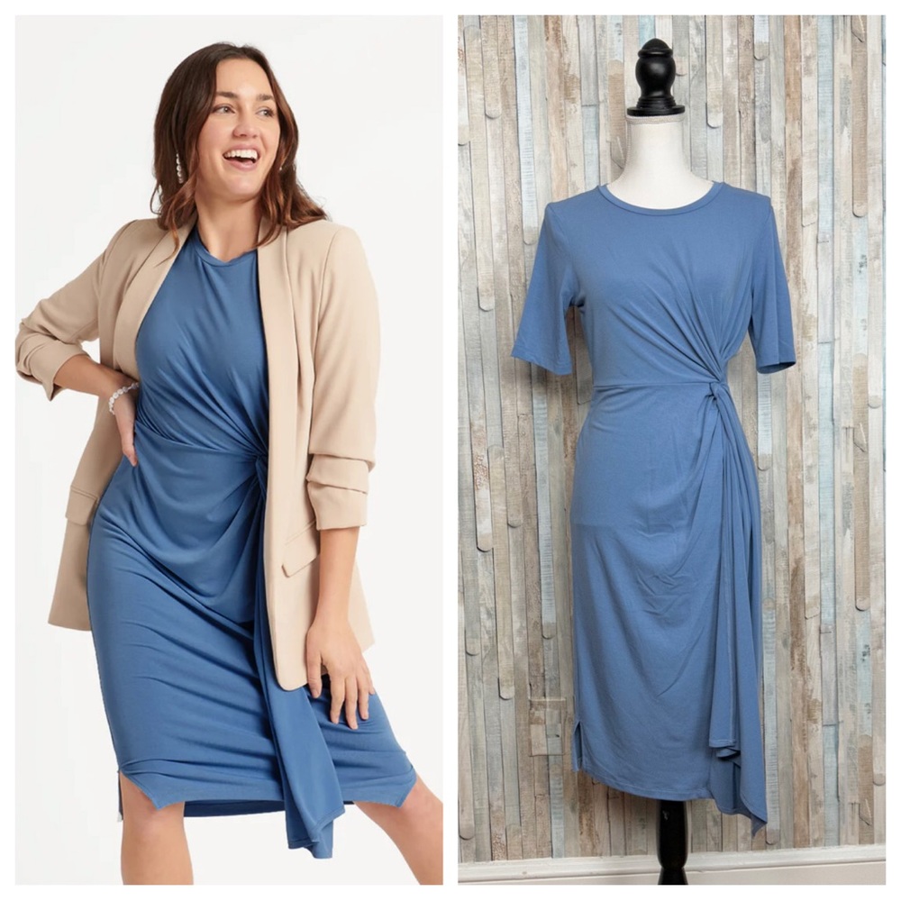 Betabrand S Blue Jersey Knit Twisted Knot Draped Fitted Sheath Dress Bamboo